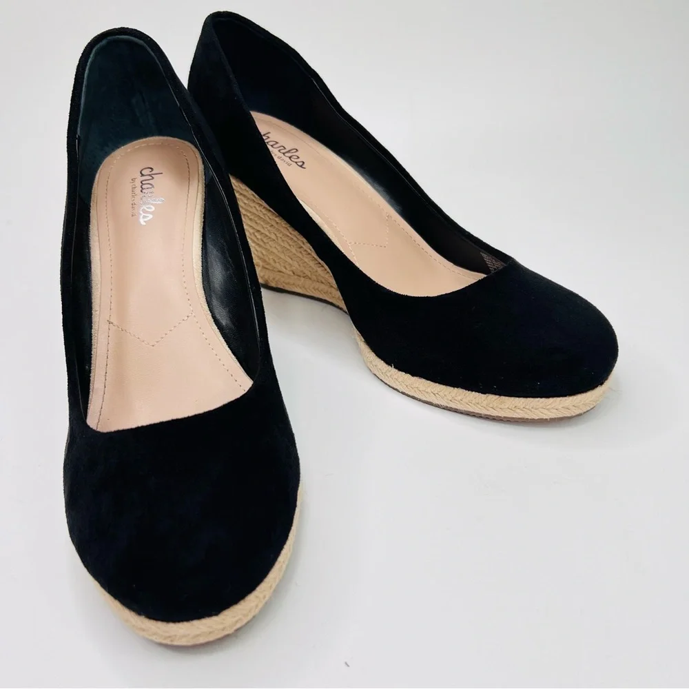 Charles by Charles David Black Faux Suede Espadrille Wedge Pumps